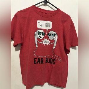 Boys size XL Light Red SUP BUD EAR BUDS print tee shirt